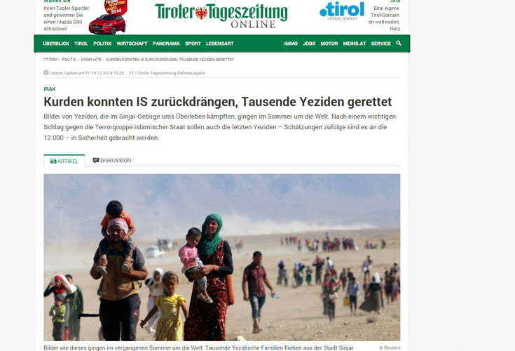 Tiroler Tageszeitung: Kurden konnten IS zurückdrängen, Tausende Yeziden gerettet
